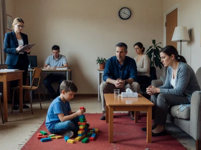 Une famille observe un enfant jouant avec des blocs dans un espace rencontres.