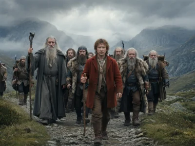 Un groupe de voyageurs marche dans un décor montagneux dans le hobbit voyage inattendu