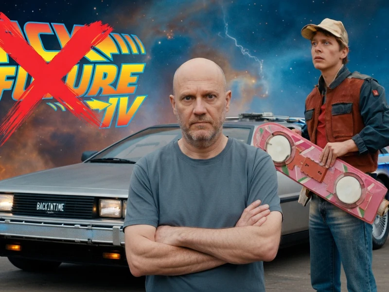 Un homme pose devant une DeLorean et un sosie de Marty McFly pour évoquer le mythe du retour Vers Le Futur 4