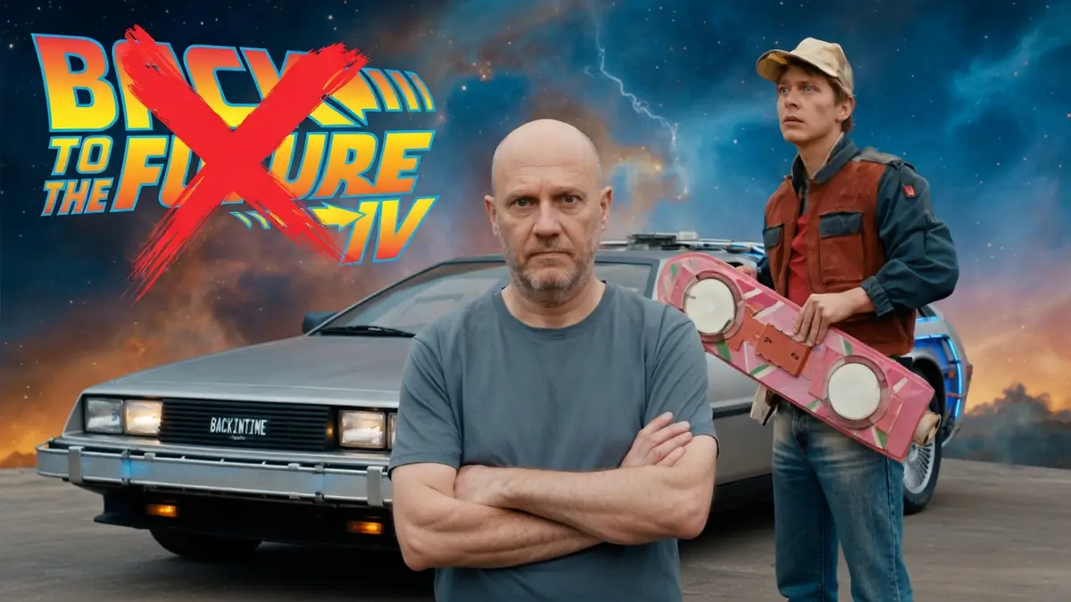 Un homme pose devant une DeLorean et un sosie de Marty McFly pour évoquer le mythe du retour Vers Le Futur 4
