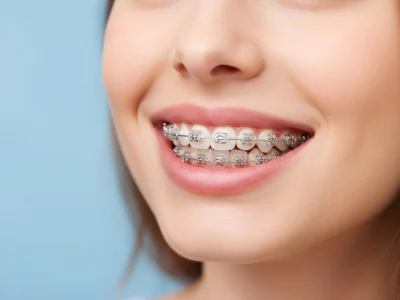 Gros plan sur un sourire féminin avec une bague sur les dents