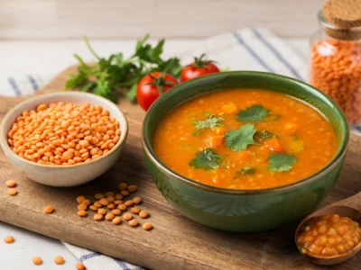 Le résultat de la cuisson lentilles corail présenté dans un bol vert entouré de lentilles et légumes frais