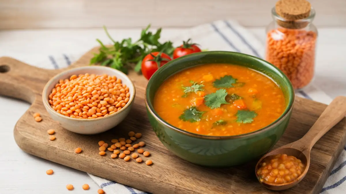 Le résultat de la cuisson lentilles corail présenté dans un bol vert entouré de lentilles et légumes frais