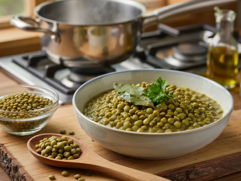 Bol de lentilles cuites sur une planche en bois pour illustrer la cuisson lentilles vertes maison