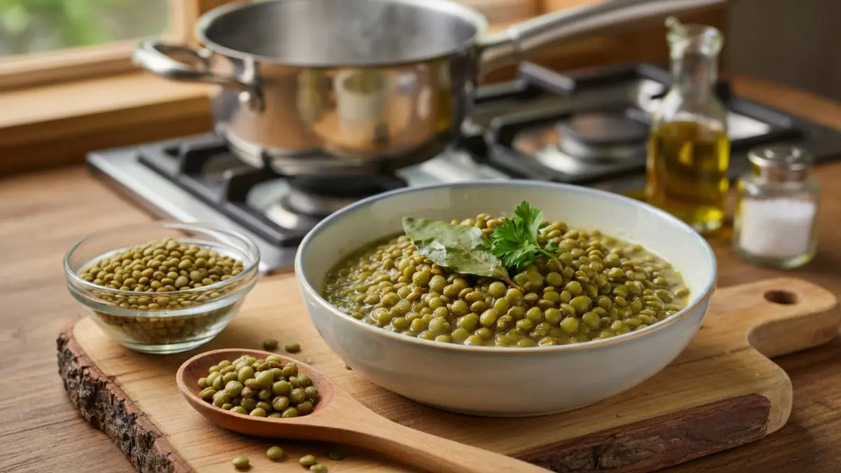 Bol de lentilles cuites sur une planche en bois pour illustrer la cuisson lentilles vertes maison