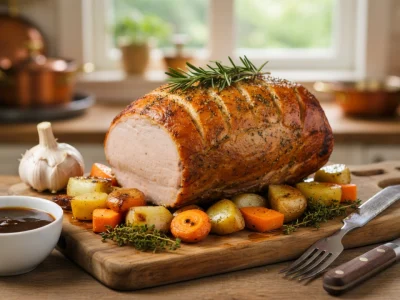 Un rôti de porc doré aux herbes et légumes illustre la cuisson rôtie de porc au four