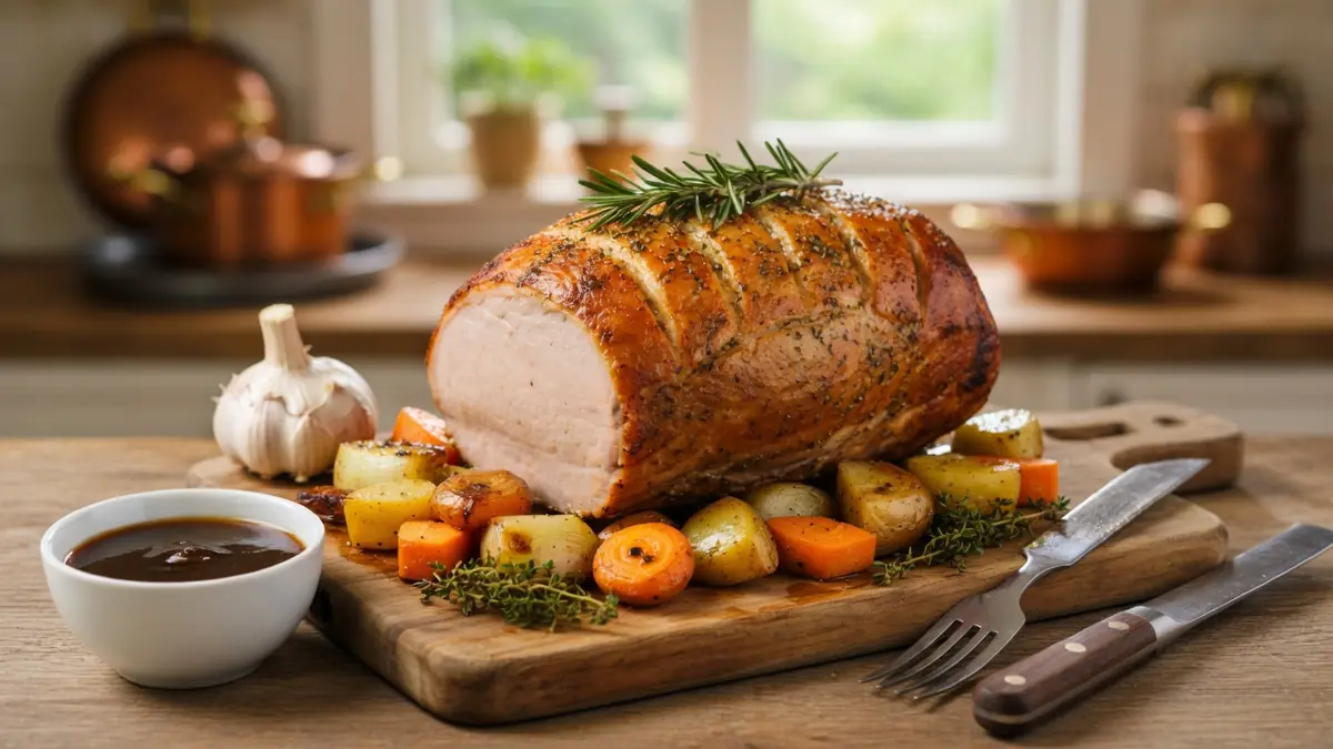 Un rôti de porc doré aux herbes et légumes illustre la cuisson rôtie de porc au four