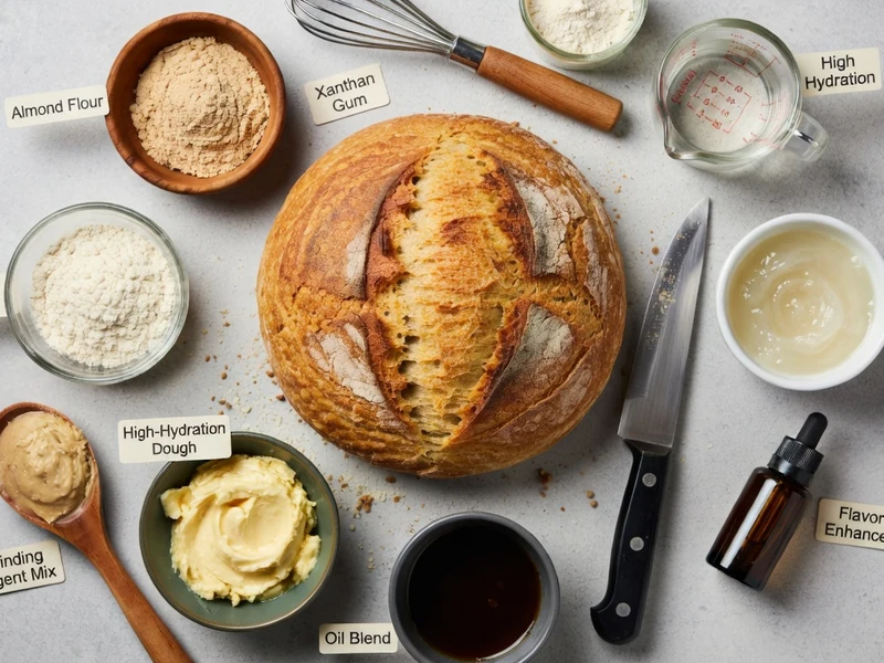 Ingrédients pour recette pain sans gluten autour d'une miche de pain
