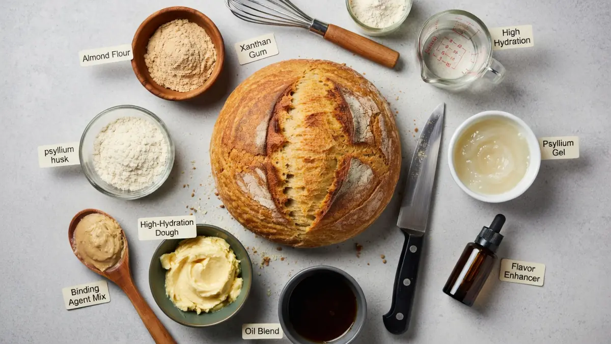 Ingrédients pour recette pain sans gluten autour d'une miche de pain