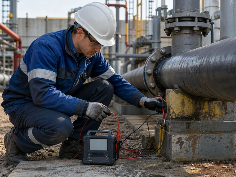 Un revêteur cathodique inspecte une canalisation industrielle avec ses instruments de mesure.