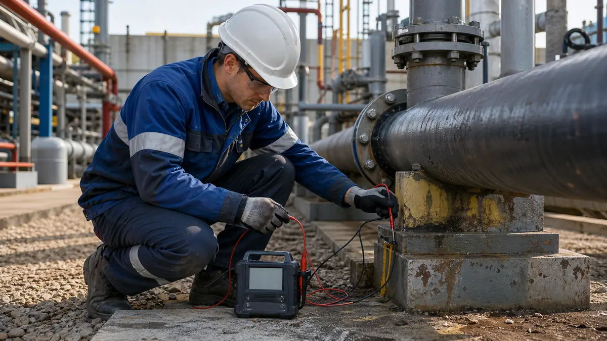 Un revêteur cathodique inspecte une canalisation industrielle avec ses instruments de mesure.
