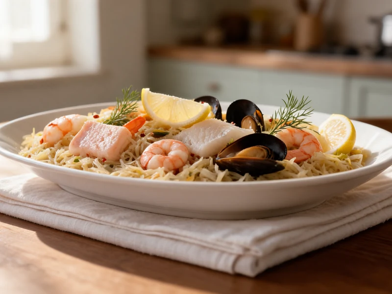 Un plat de la choucroute de la mer avec crevettes et moules est présenté dans une assiette sur une table en bois