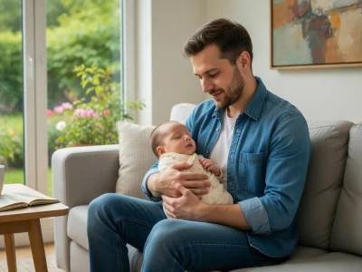 Un père sourit à son bébé sur le canapé pendant son congé de naissance