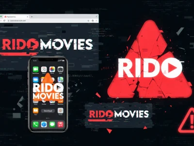 RidoMovies est représenté sur un navigateur web et une application mobile dans ce visuel promotionnel