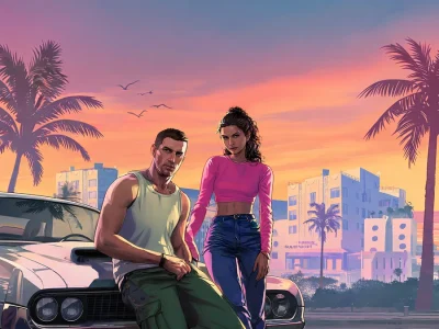 Un couple pose devant une voiture dans un décor tropical pour Rockstar Games GTA VI