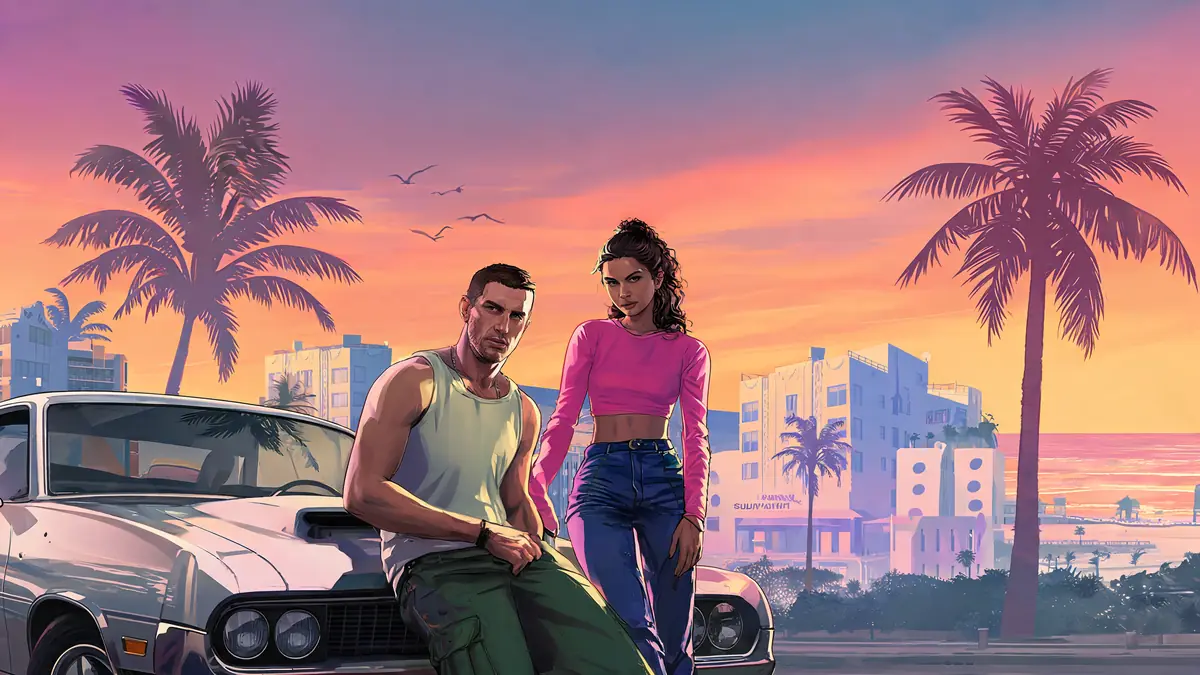 Un couple pose devant une voiture dans un décor tropical pour Rockstar Games GTA VI