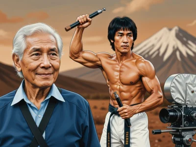 Roger Paschy est montré aux côtés d'un homme musclé avec des nunchakus et une caméra dans un paysage montagneux