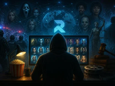 Une personne à capuche regarde un écran affichant des visages de films, illustrant le concept Rogzov