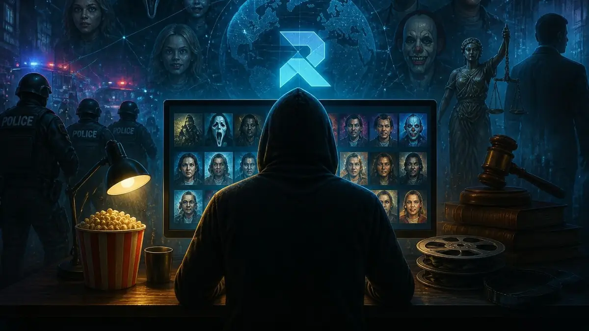 Une personne à capuche regarde un écran affichant des visages de films, illustrant le concept Rogzov