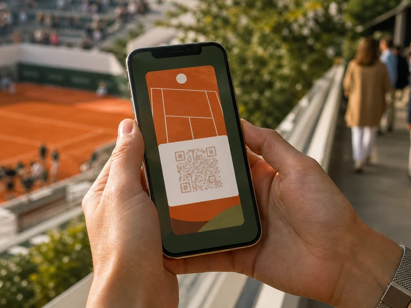 Des places pour Roland-Garros affichées sur un smartphone au bord d'un court en terre battue.