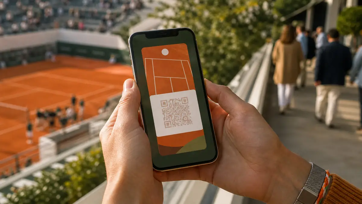 Des places pour Roland-Garros affichées sur un smartphone au bord d'un court en terre battue.