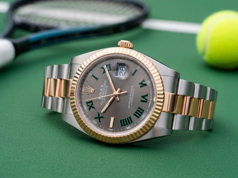 Montre Rolex Wimbledon posée sur un court de tennis avec une raquette et une balle en arrière-plan