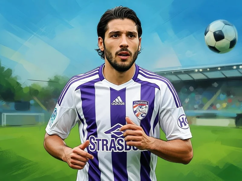 Romain Gasmi se tient sur un terrain de football en tenant son maillot avec un ballon dans les airs