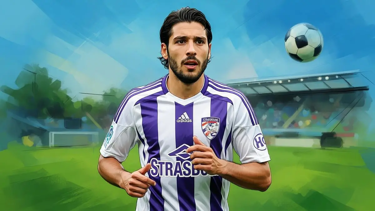 Romain Gasmi se tient sur un terrain de football en tenant son maillot avec un ballon dans les airs