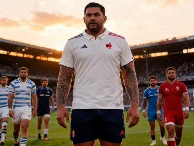 Romain Taofifénua se tient au premier plan sur un terrain de rugby avec d'autres joueurs