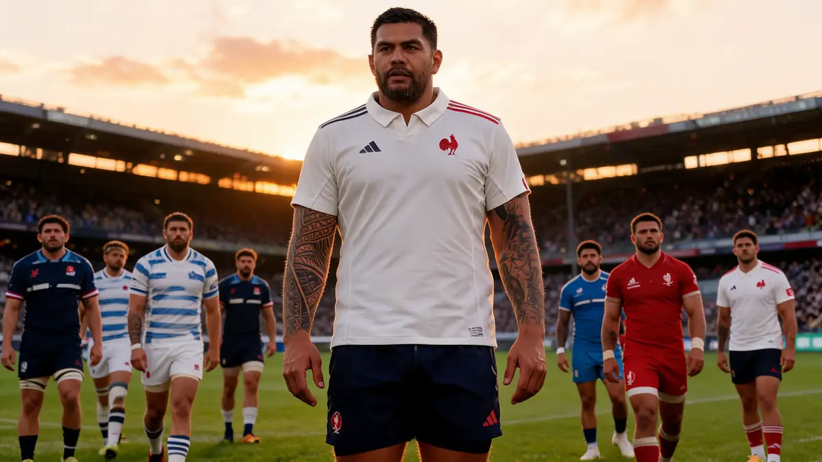 Romain Taofifénua se tient au premier plan sur un terrain de rugby avec d'autres joueurs