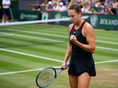 Sabalenka célèbre un point gagnant sur un court de tennis en herbe