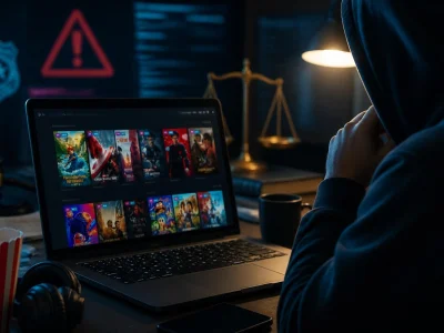 Une personne à capuche regarde une plateforme de streaming illégal ressemblant à Sadisflix sur un ordinateur portable