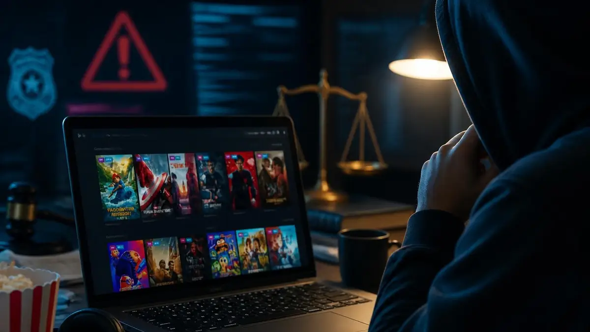 Une personne à capuche regarde une plateforme de streaming illégal ressemblant à Sadisflix sur un ordinateur portable