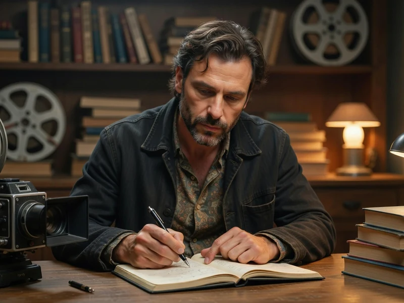 Sagamore Stévenin écrit dans un carnet sur un bureau entouré de bobines de film