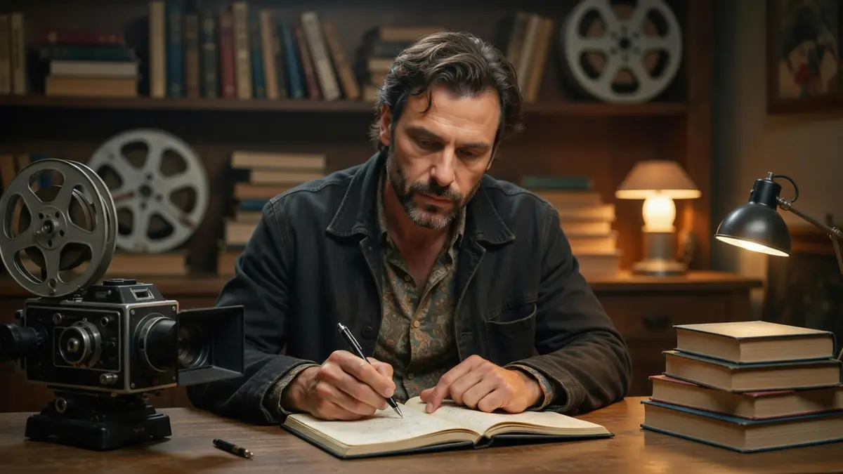 Sagamore Stévenin écrit dans un carnet sur un bureau entouré de bobines de film