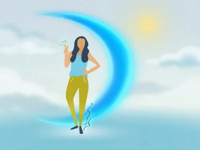 Une femme se tient dans le ciel avec une couleur d'aura bleue en forme de croissant derrière elle