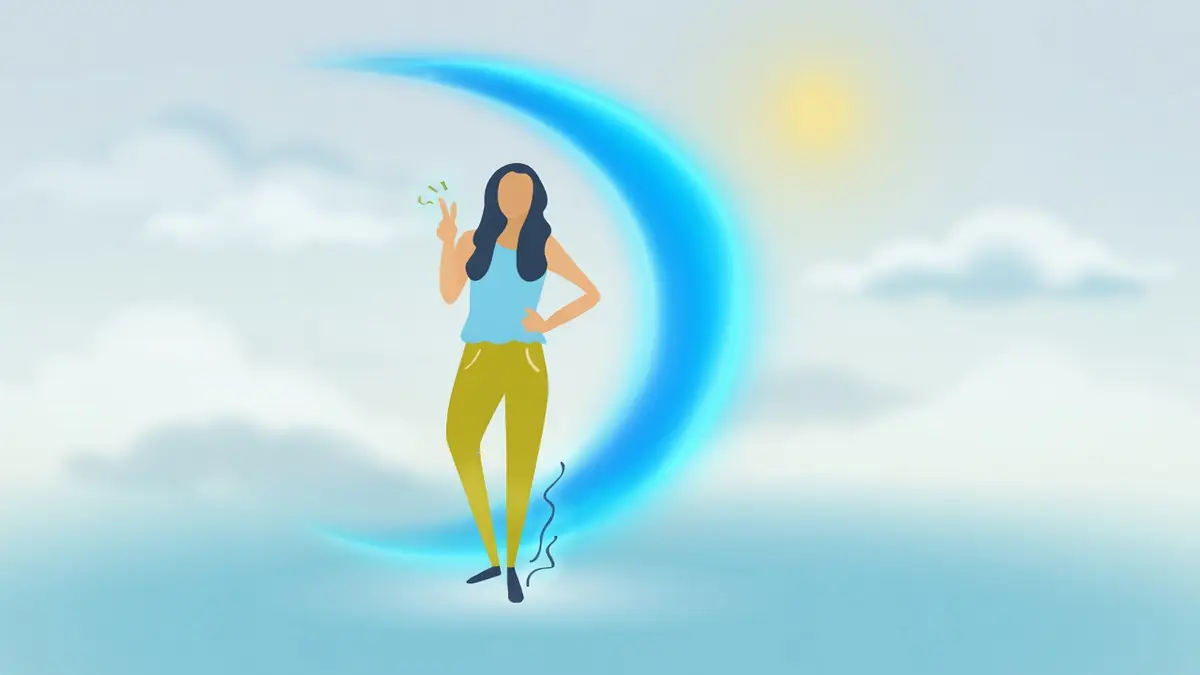 Une femme se tient dans le ciel avec une couleur d'aura bleue en forme de croissant derrière elle