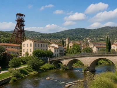 Vue pittoresque avec pont en pierre et ancien chevalement minier à st martin de valgalgues