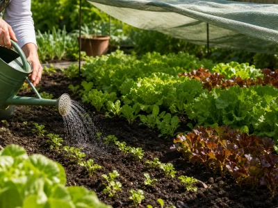 Des salades laitue fraîches et colorées poussent dans un potager arrosé.