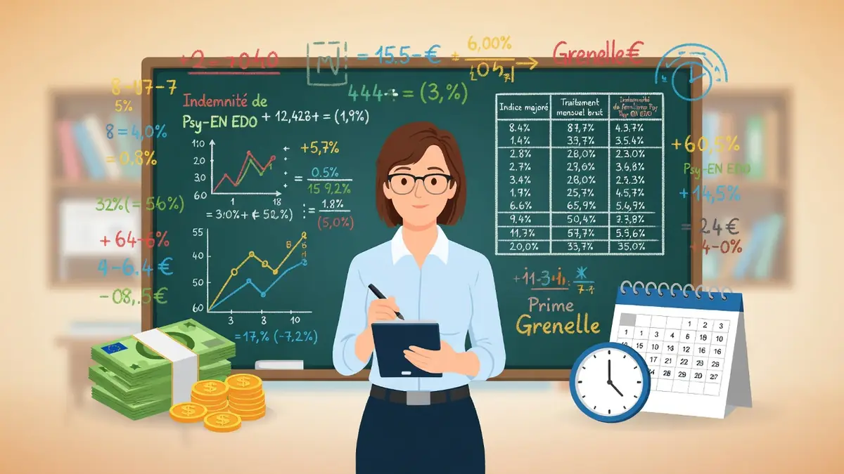 Une enseignante examine des données financières liées au salaire professeur des écoles devant un tableau noir