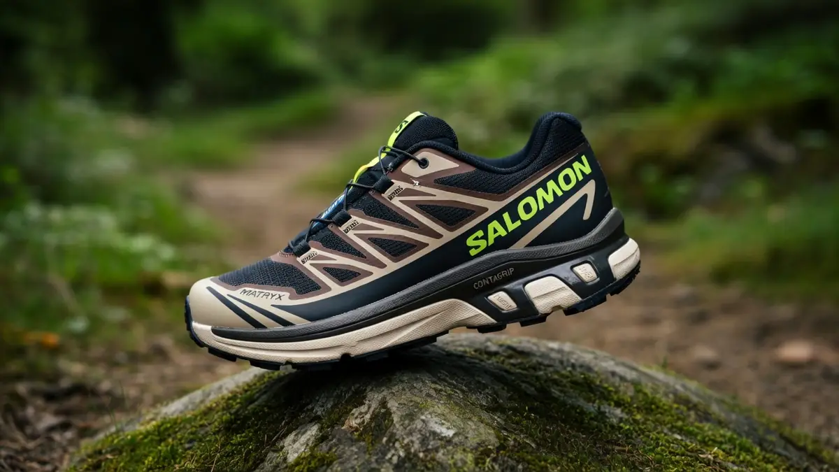 La salomon Genesis est posée sur un rocher moussu en forêt