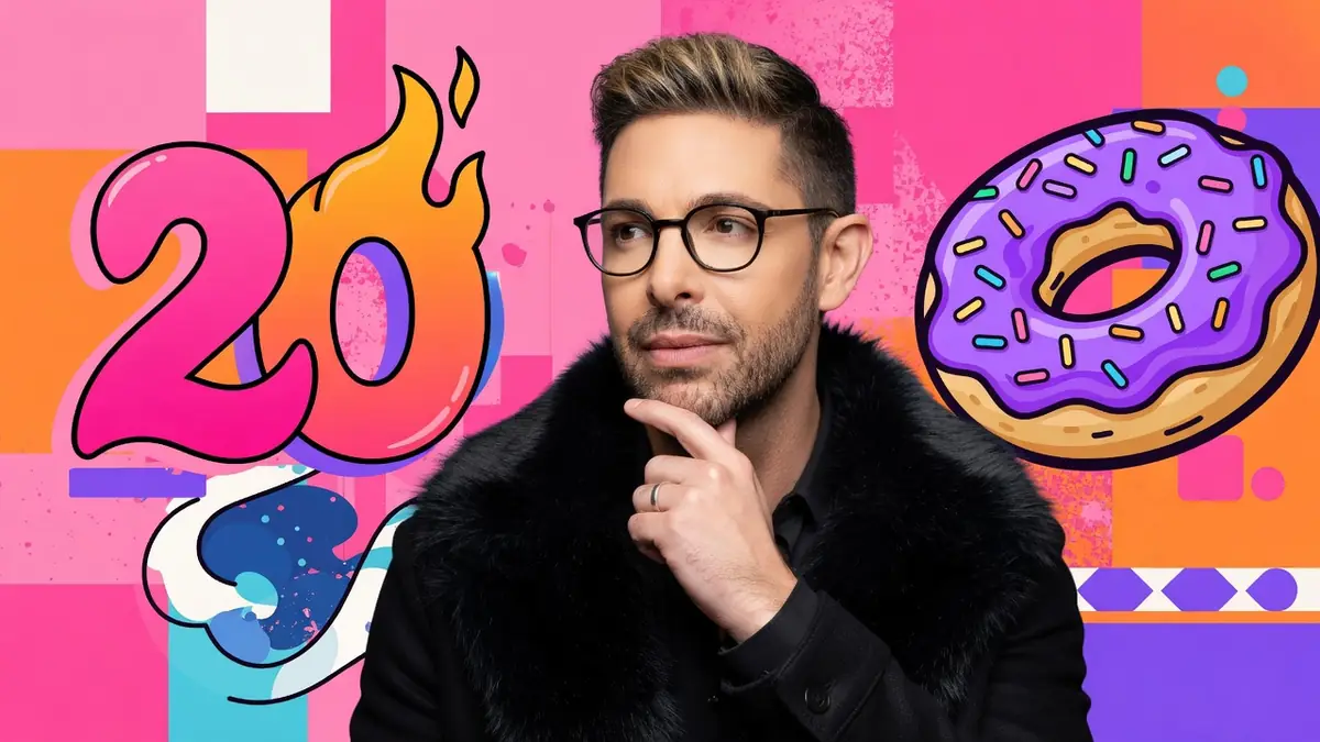 Sam Zirah pose la main au menton avec une veste noire sur un fond coloré pop art