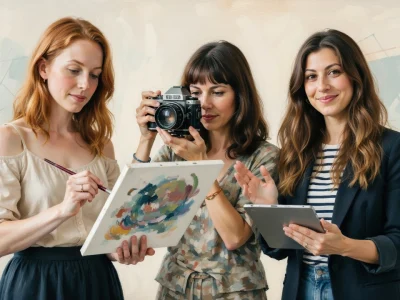 Sarah Boutin et ses collaboratrices travaillent ensemble sur un projet mêlant peinture, photographie et numérique