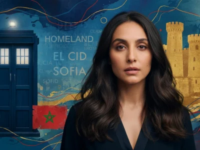 Portrait de l'actrice Sarah Perles sur un fond artistique illustrant son parcours international