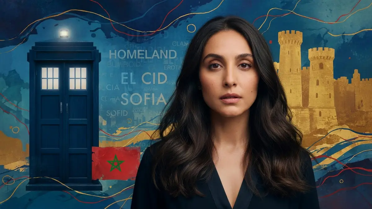 Portrait de l'actrice Sarah Perles sur un fond artistique illustrant son parcours international