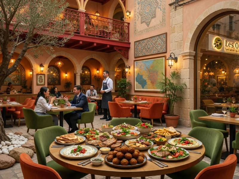 Une table garnie de plats orientaux au centre de la cour intérieure chaleureuse de les Olives restaurant