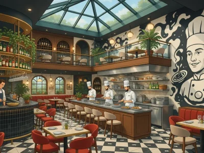 Vue intérieure du restaurant à La Roche-sur-Yon montrant des chefs préparant des plats dans une salle élégante