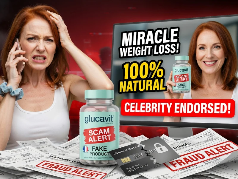 Une femme en colère au téléphone près d'une bouteille et d'un écran avec glucavit avis négatif