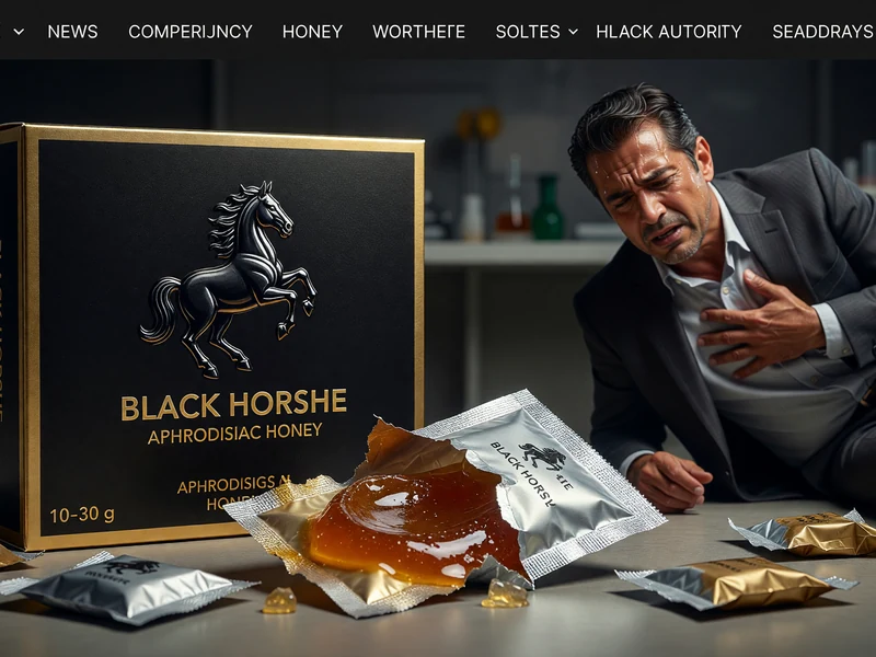 Un homme en costume se tient la poitrine près de sachets de miel aphrodisiaque Black Horse répandus au sol