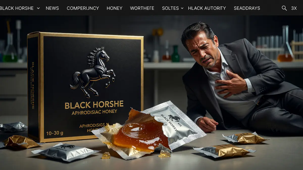 Un homme en costume se tient la poitrine près de sachets de miel aphrodisiaque Black Horse répandus au sol